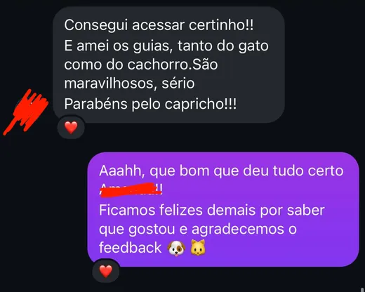 Mensagem de cliente: amei os guias, tanto do gato como do cachorro, são maravilhosos, parabéns pelo capricho