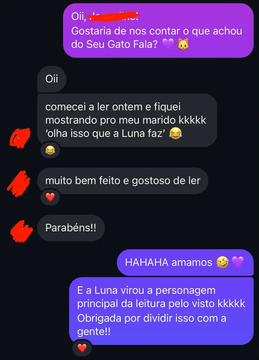 Mensagem de cliente: comecei a ler ontem e fiquei mostrando pro meu marido, olha isso que a Luna faz, muito bem feito e gostoso de ler