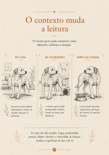 Página do guia mostrando como o mesmo gesto do cão muda de sentido em casa, no veterinário e perto da comida