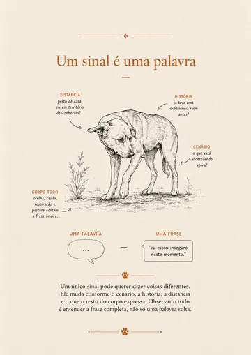 Página do guia explicando por que um sinal isolado do cão é só uma palavra, não a frase completa