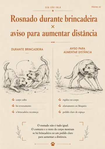 Página do guia comparando o rosnado durante a brincadeira e o aviso pra aumentar distância