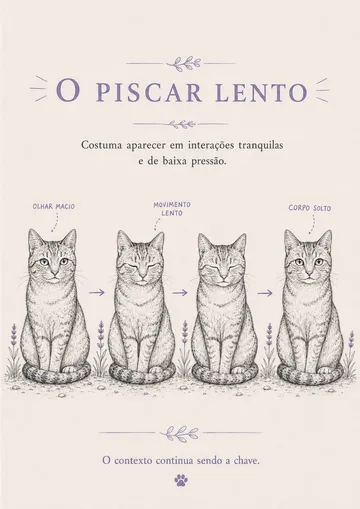Página do guia mostrando a sequência do piscar lento do gato em quatro etapas