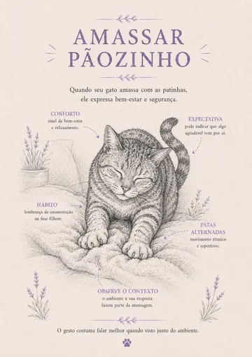 Página do guia explicando os possíveis significados de o gato amassar pãozinho com as patinhas