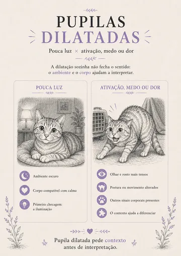 Página do guia comparando pupilas dilatadas por pouca luz e por ativação, medo ou dor