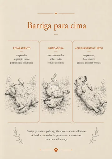 Página do guia comparando três motivos para o cão ficar de barriga para cima
