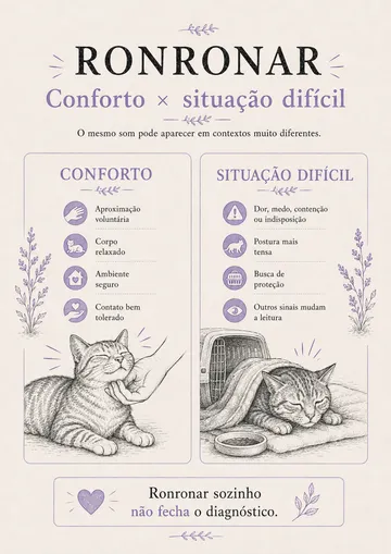 Página do guia comparando o ronronar de conforto e o ronronar numa situação difícil